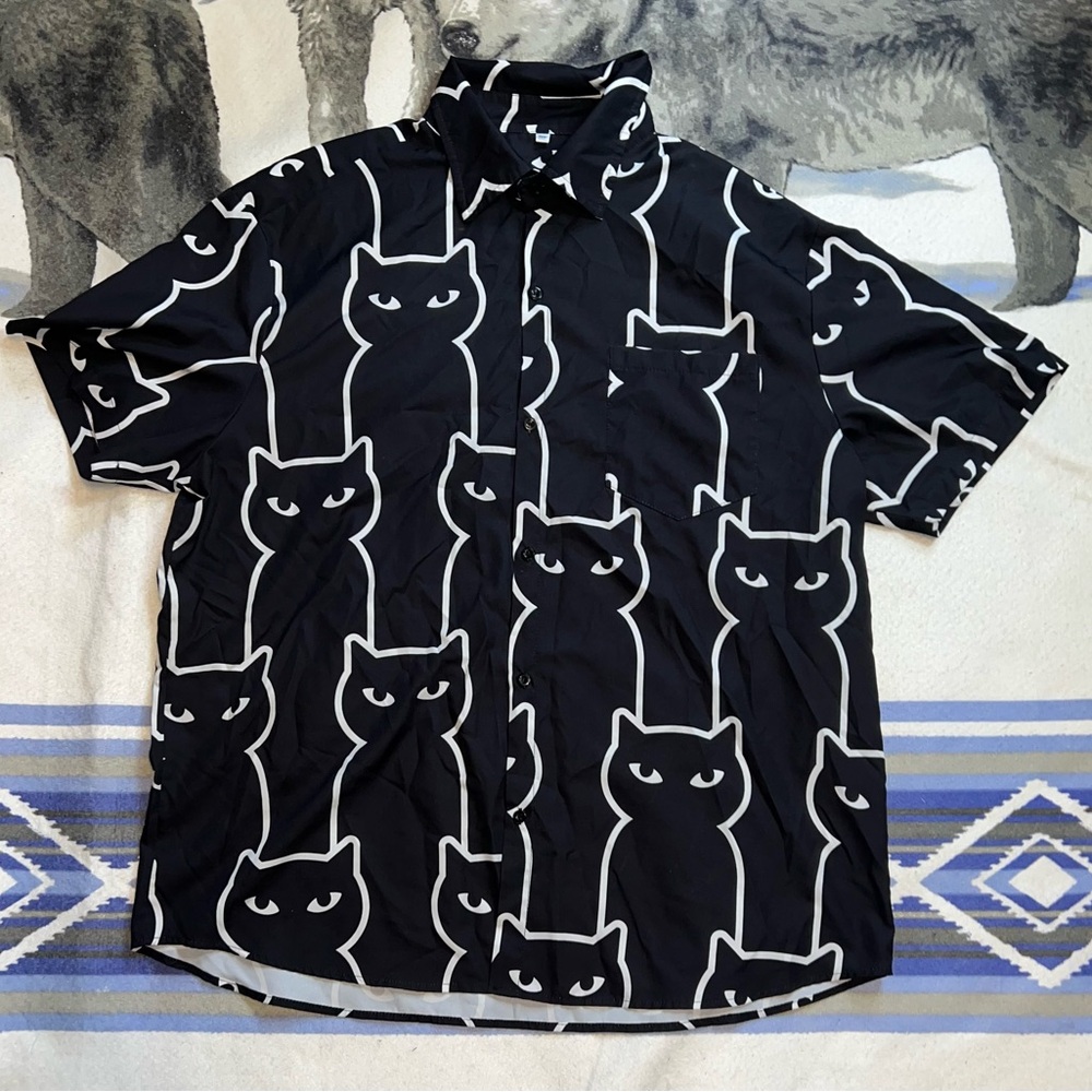 Men’s Short Sleeve Black Cat Button Down Japanese/Cuban/Hawaiian Shirt Size 3XL